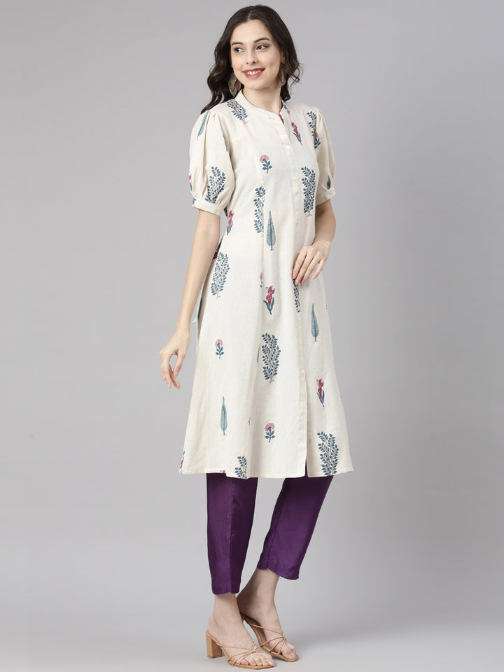 Neerus Off White Casual Floral Straight Kurtas