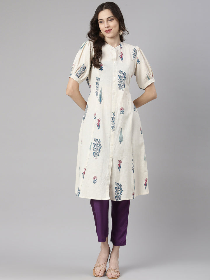 Neerus Off White Casual Floral Straight Kurtas