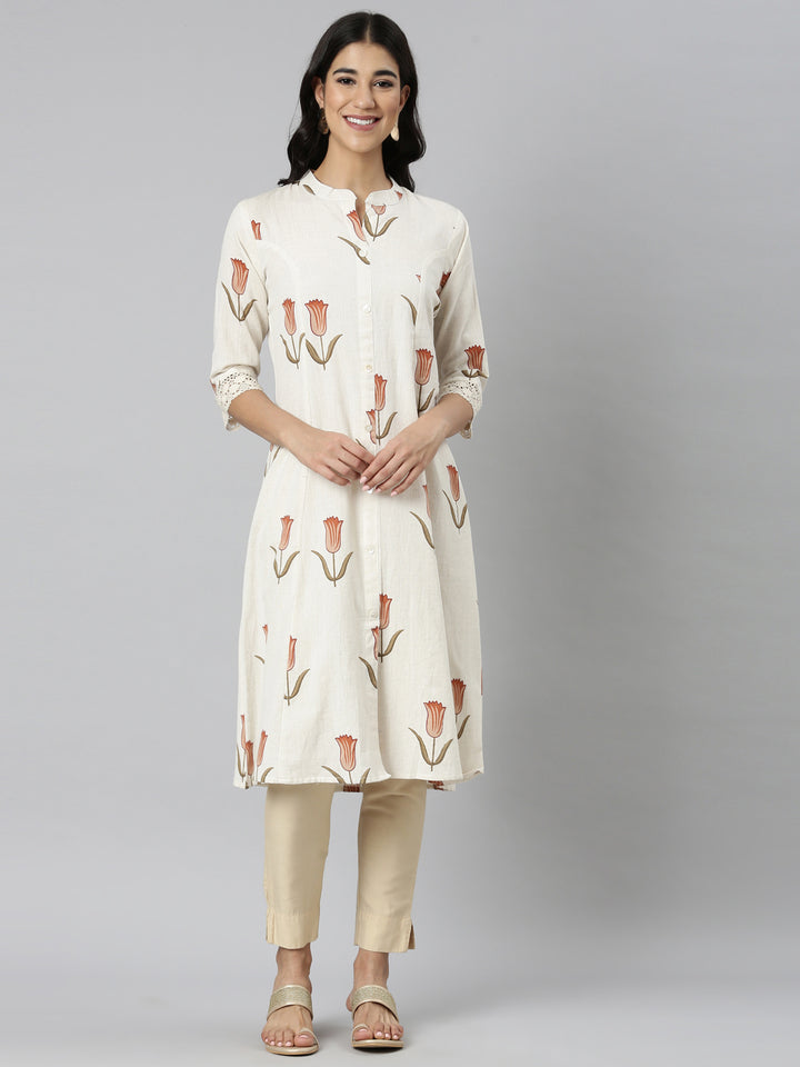 Neerus Cream Casual Floral Straight Kurtas