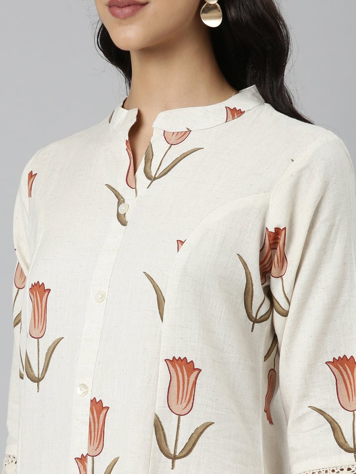 Neerus Cream Casual Floral Straight Kurtas