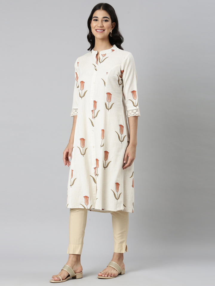 Neerus Cream Casual Floral Straight Kurtas