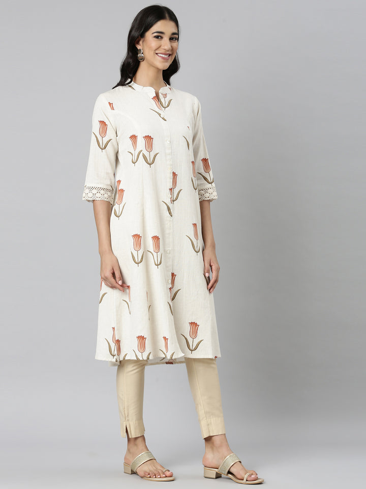Neerus Cream Casual Floral Straight Kurtas
