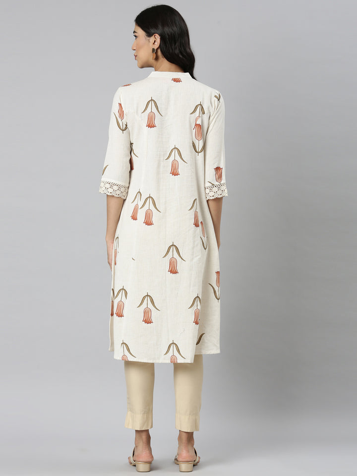 Neerus Cream Casual Floral Straight Kurtas