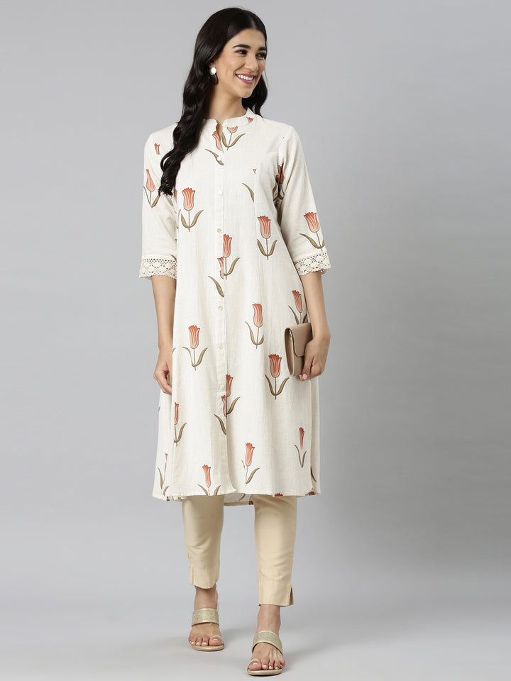 Neerus Cream Casual Floral Straight Kurtas