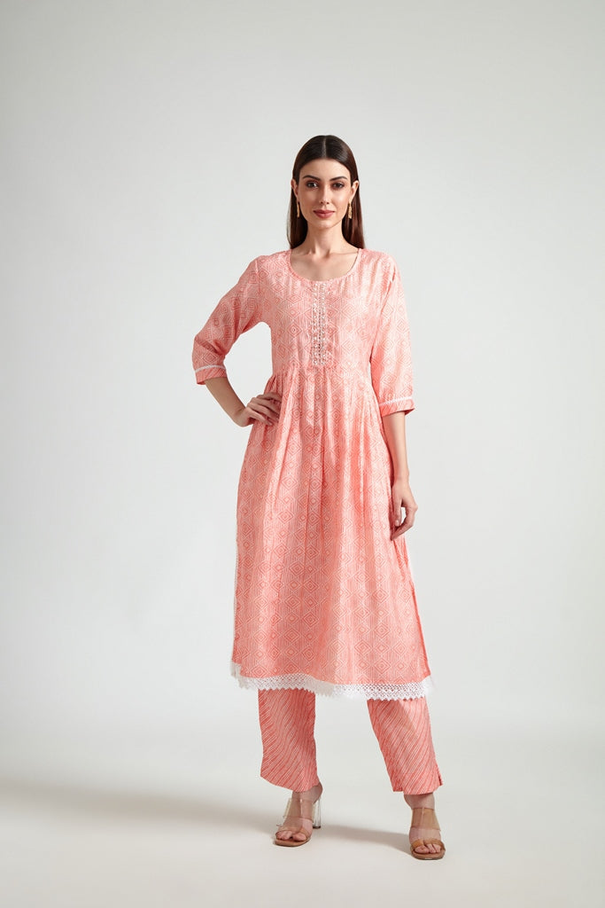 Neerus Pink printed straight suit set with dupatta - front view