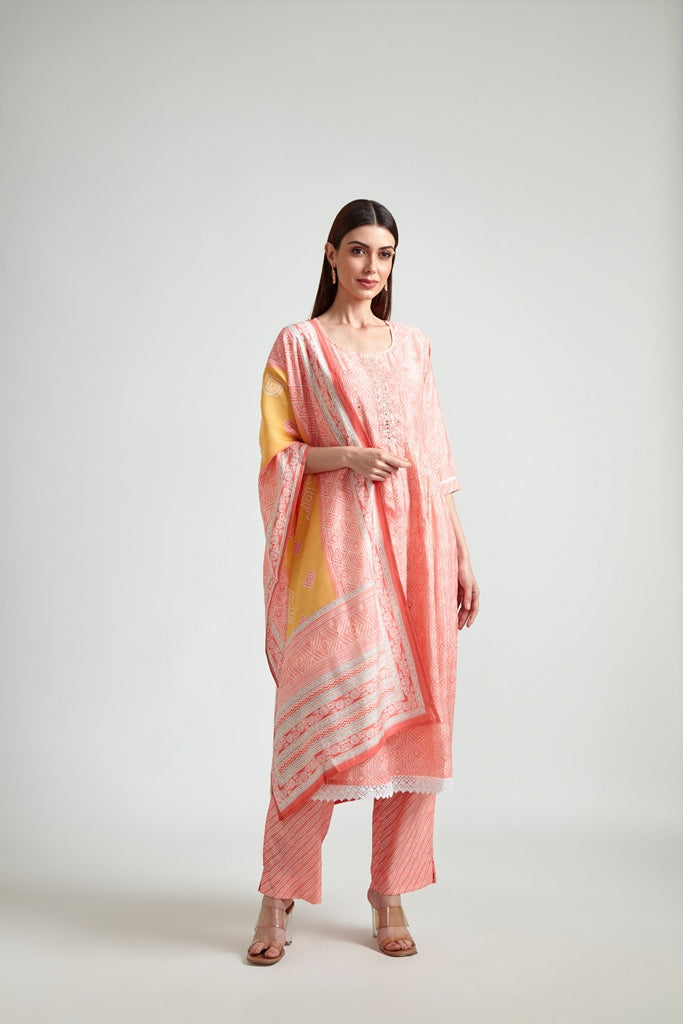 Neerus Pink printed straight suit set with dupatta - detail view 1