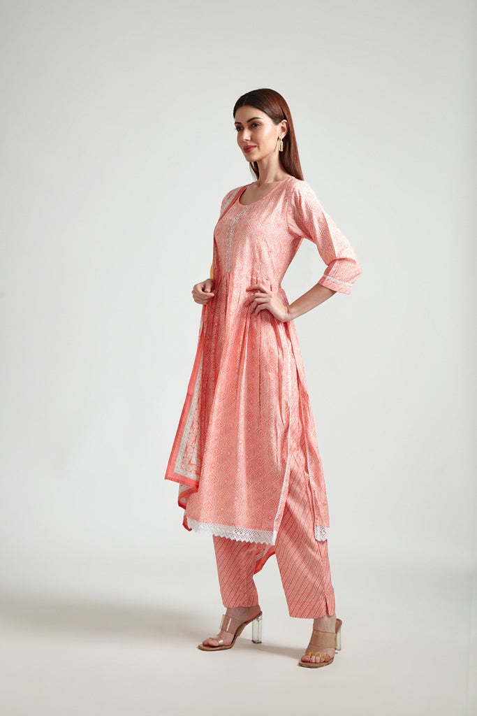 Neerus Pink printed straight suit set with dupatta - back view