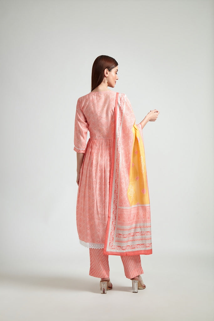 Neerus Pink printed straight suit set with dupatta - side view