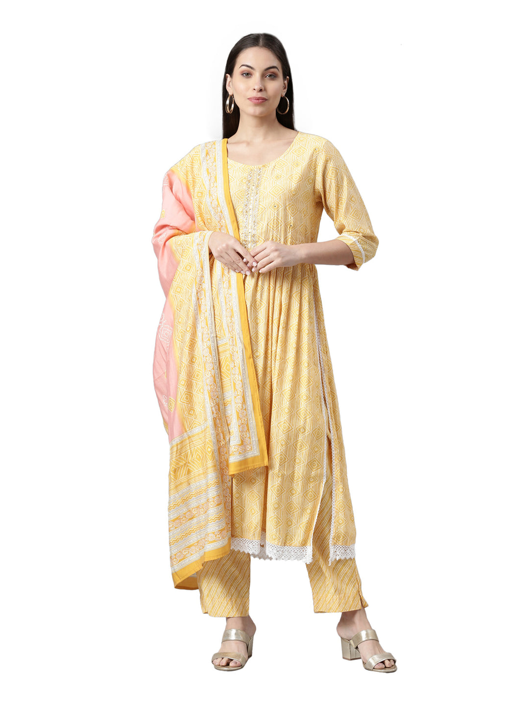 Neerus Yellow printed pleated suit set - front view