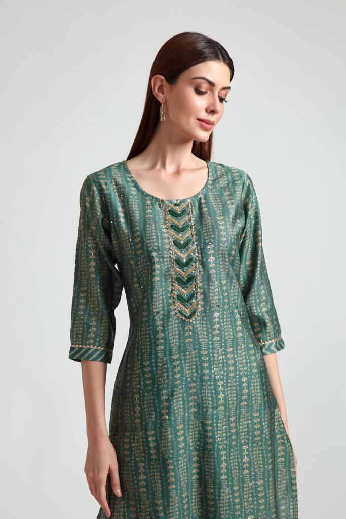 Neerus Women Green Printed Kurta with Trousers With Dupatta