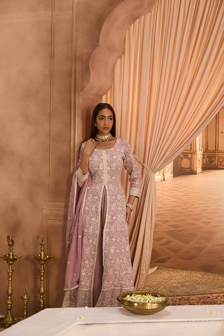 Neerus Lilac Embroidery Georgette Fabric Kurta Plazzo and Dupatta