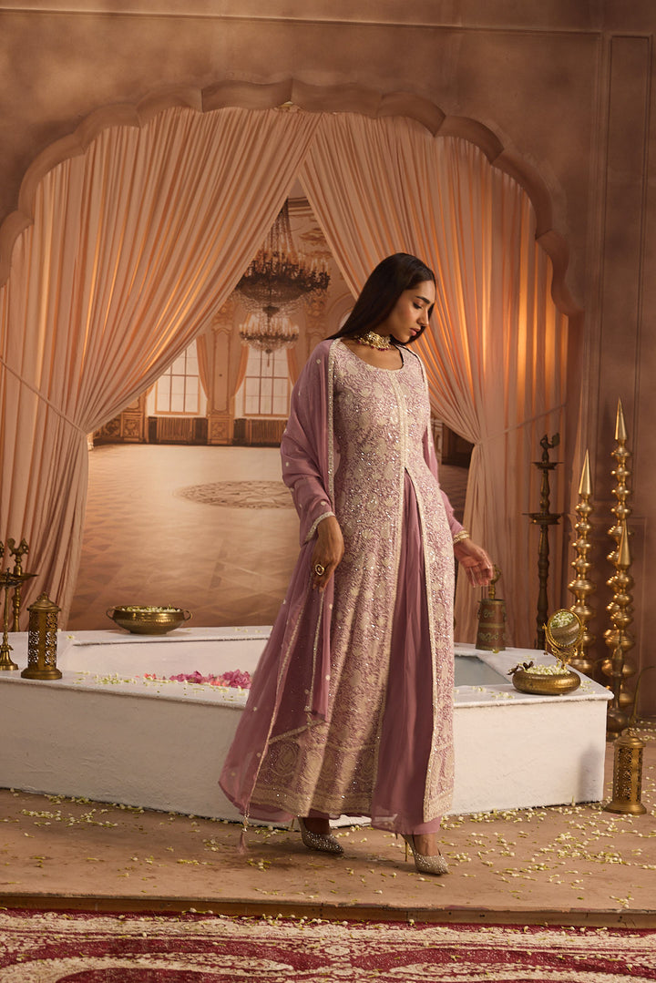Neerus Lilac Embroidery Georgette Fabric Kurta Plazzo and Dupatta