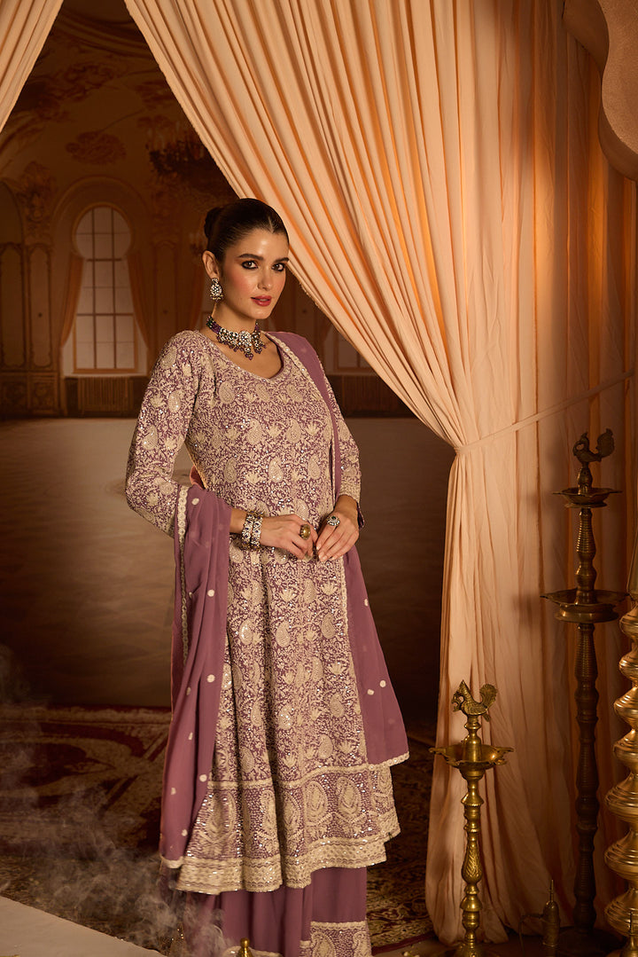 Neerus Lilac Embroidery Georgette Fabric Anarkali and Plazzo with Dupatta