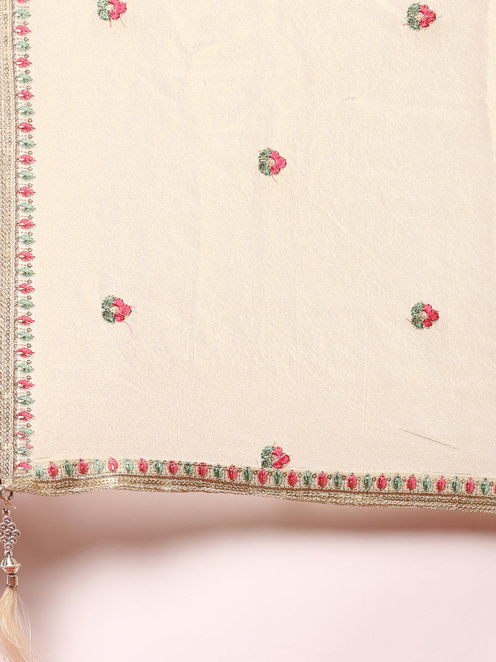 Cream floral thread work tissue fabric three piece anarkali set