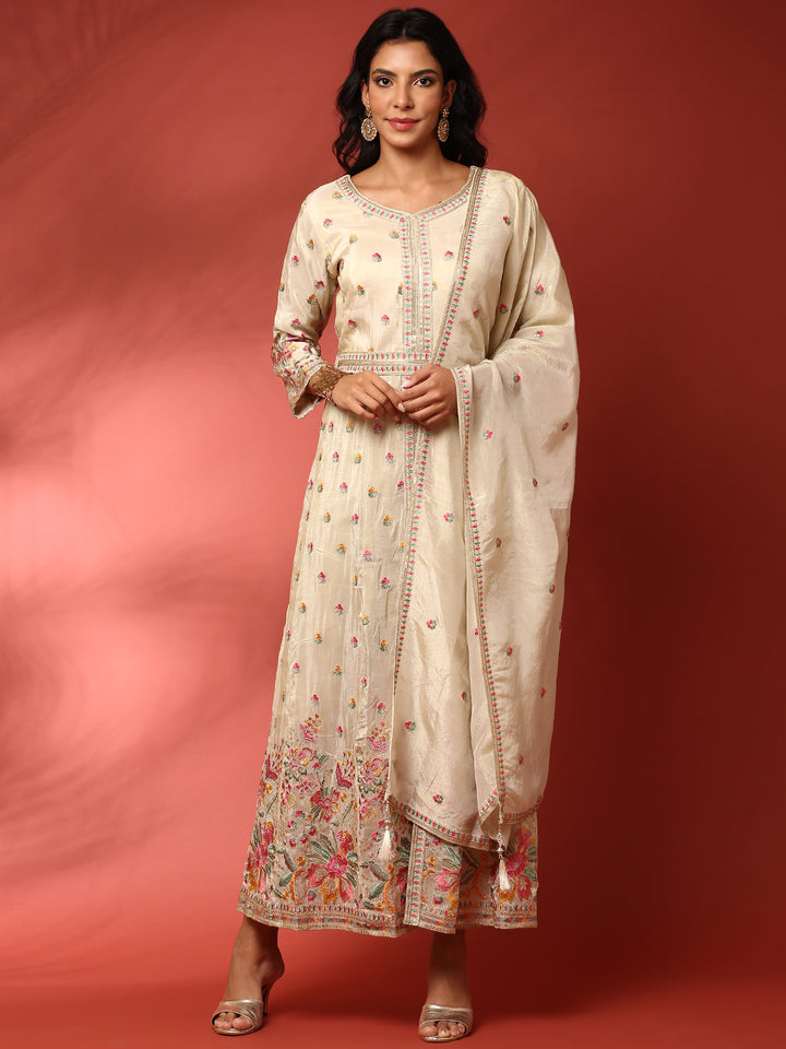 Cream floral thread work tissue fabric three piece anarkali set