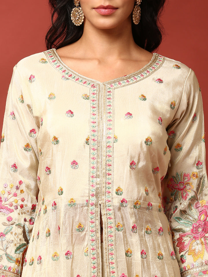 Cream floral thread work tissue fabric three piece anarkali set