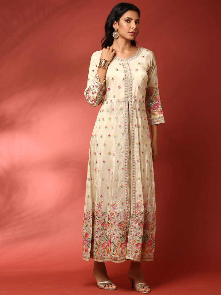 Cream floral thread work tissue fabric three piece anarkali set