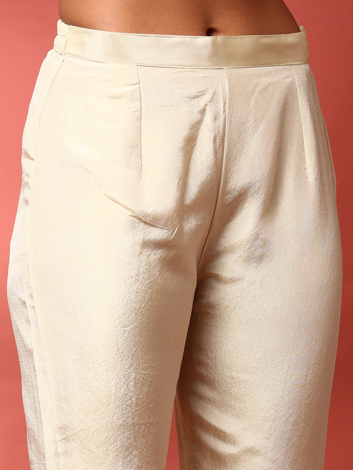 Cream floral thread work tissue fabric three piece anarkali set