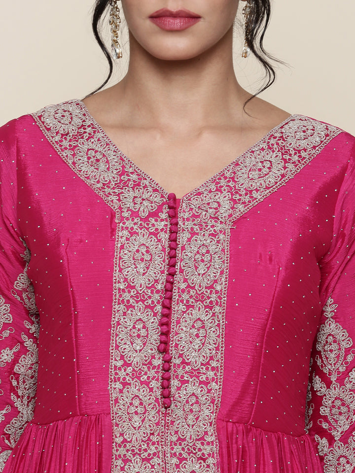 Rani pink georgette embroidered anarkali three piece set