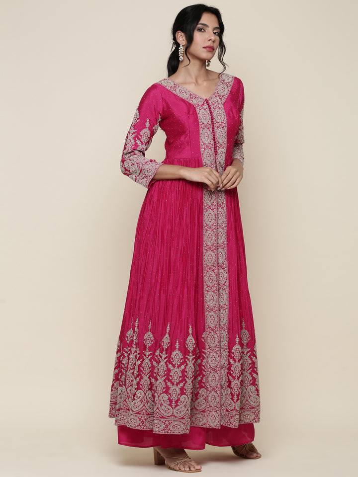 Rani pink georgette embroidered anarkali three piece set