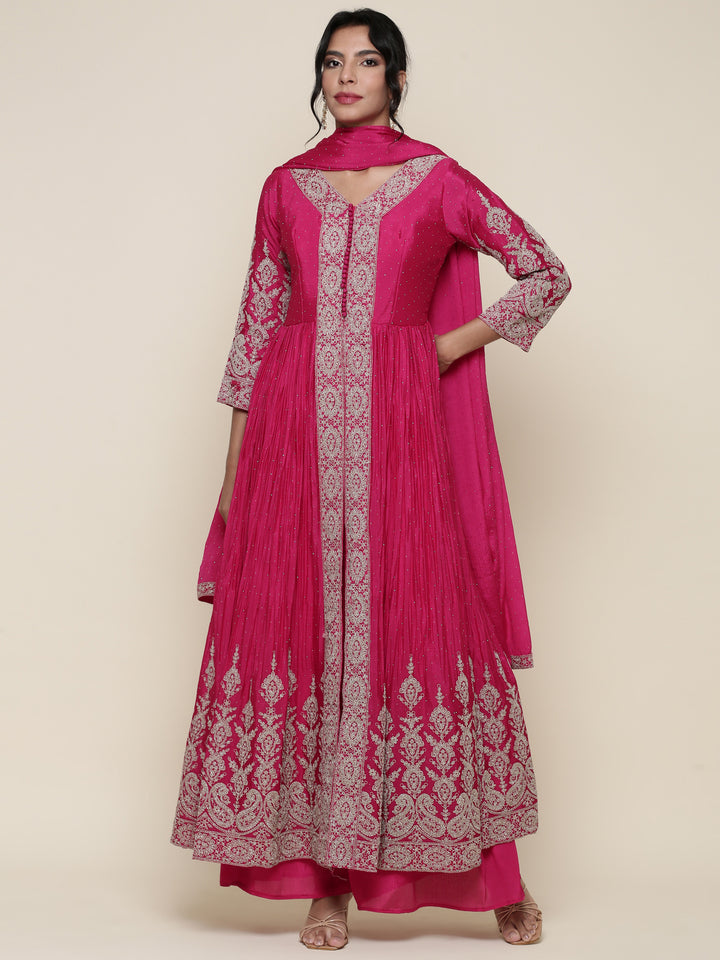 Rani pink georgette embroidered anarkali three piece set
