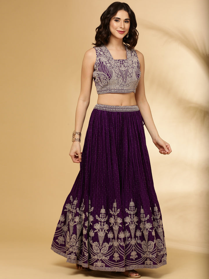 Purple Chinnon Hand Embroidered Ghagra Set