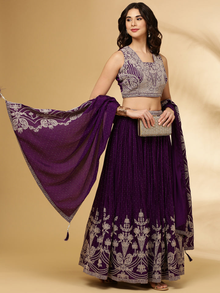 Purple Chinnon Hand Embroidered Ghagra Set