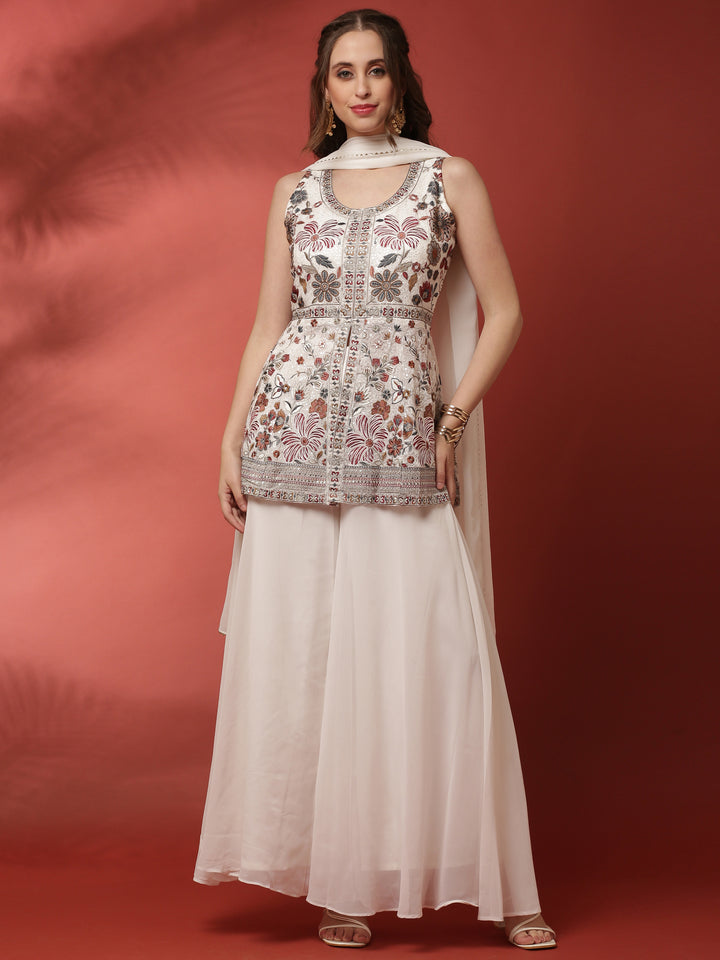 Off White Geogrette Peplum Palazzo Set With Embroiderey Work On Body