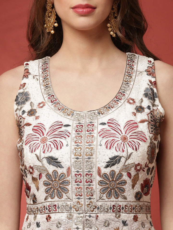 Off White Geogrette Peplum Palazzo Set With Embroiderey Work On Body