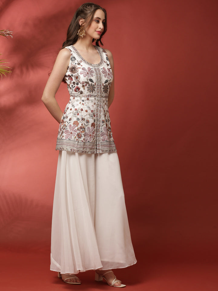 Off White Geogrette Peplum Palazzo Set With Embroiderey Work On Body