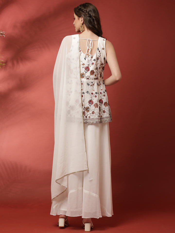 Off White Geogrette Peplum Palazzo Set With Embroiderey Work On Body