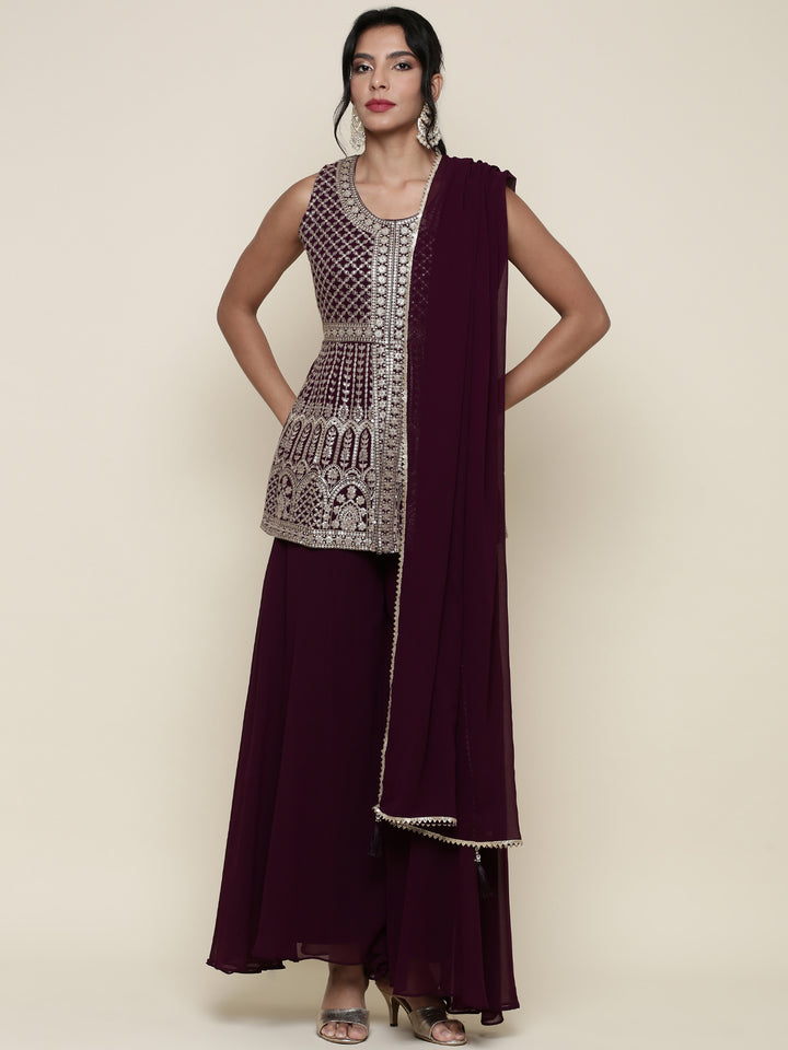 Wine georgette embroidered peplum and palazzo three piece set
