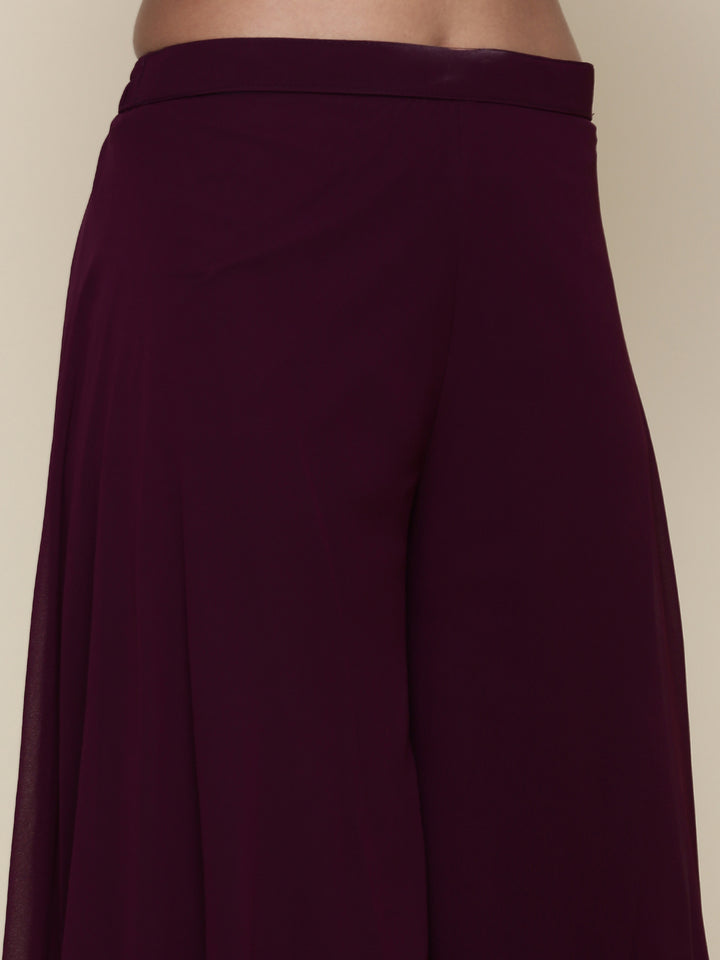 Wine georgette embroidered peplum and palazzo three piece set