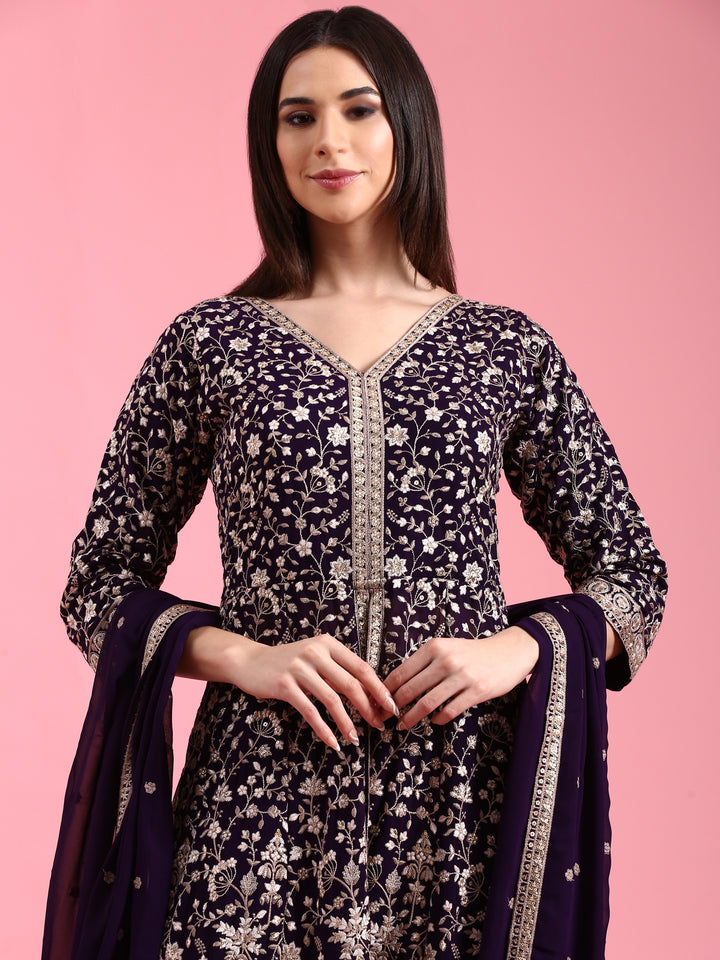 Purple Georgette Embroidered Kali With Palazzo