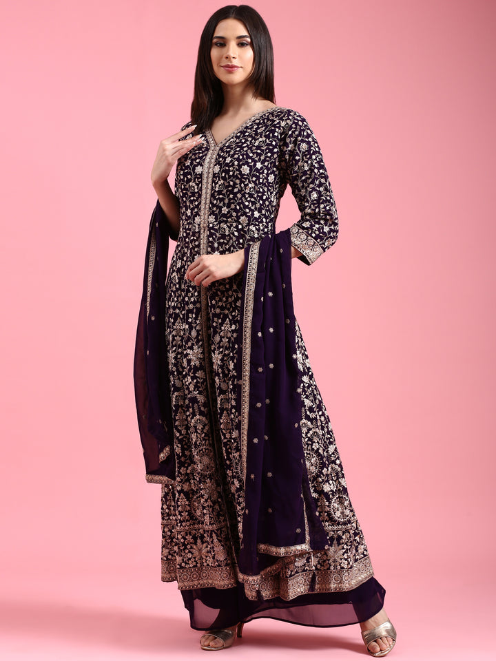 Purple Georgette Embroidered Kali With Palazzo