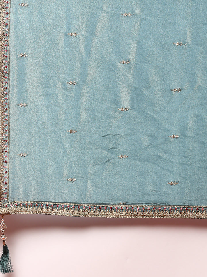 Teal blue tissue hand embroidered three piece anarkali set