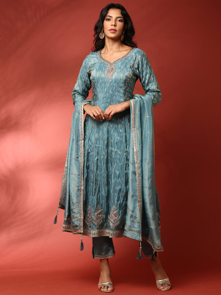 Teal blue tissue hand embroidered three piece anarkali set