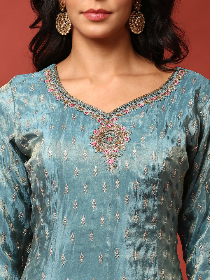 Teal blue tissue hand embroidered three piece anarkali set