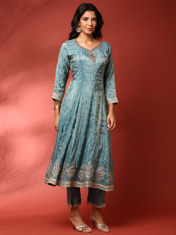 Teal blue tissue hand embroidered three piece anarkali set