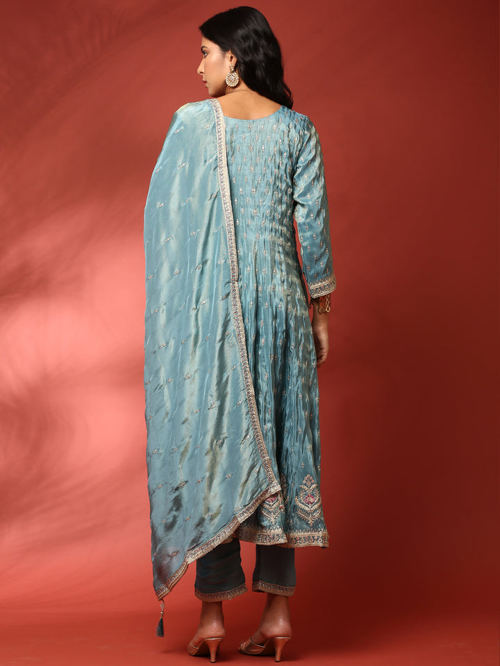 Teal blue tissue hand embroidered three piece anarkali set