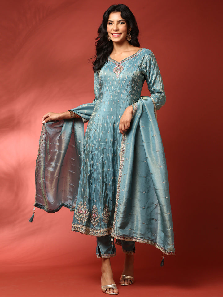 Teal blue tissue hand embroidered three piece anarkali set