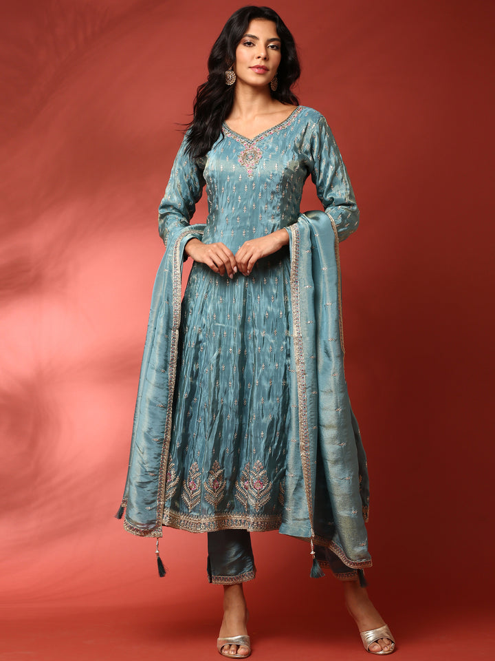 Teal blue tissue hand embroidered three piece anarkali set