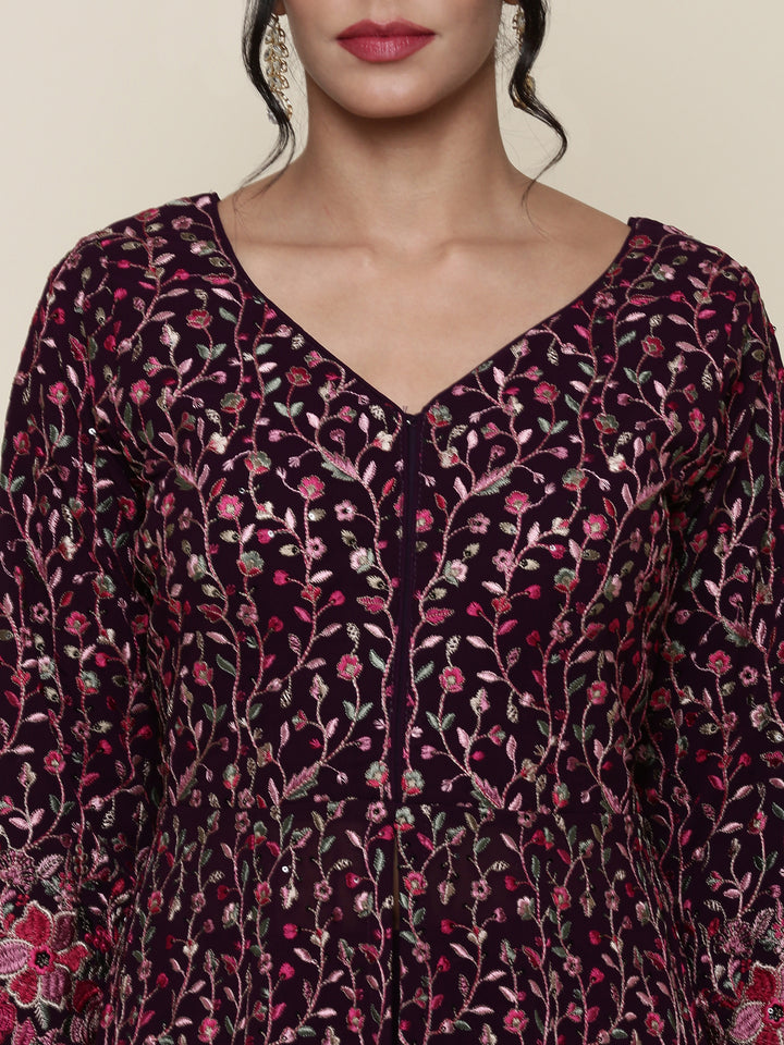 Wine georgette embroidered front silt anarkali three piece set