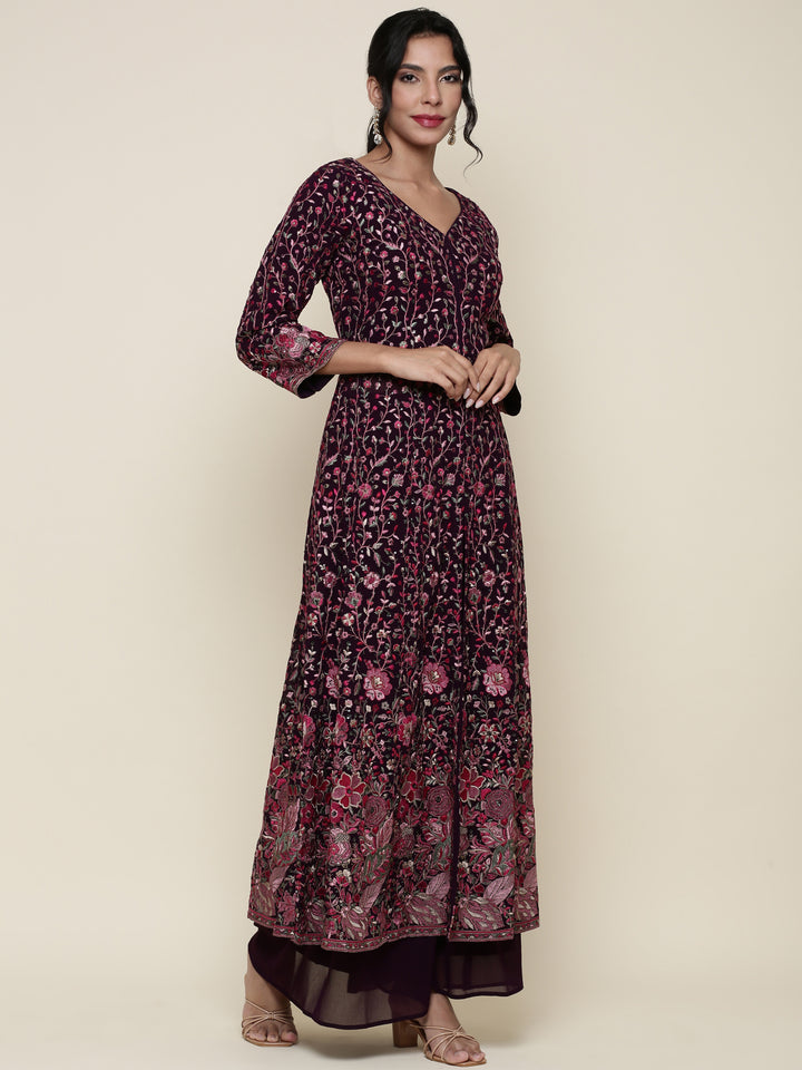 Wine georgette embroidered front silt anarkali three piece set