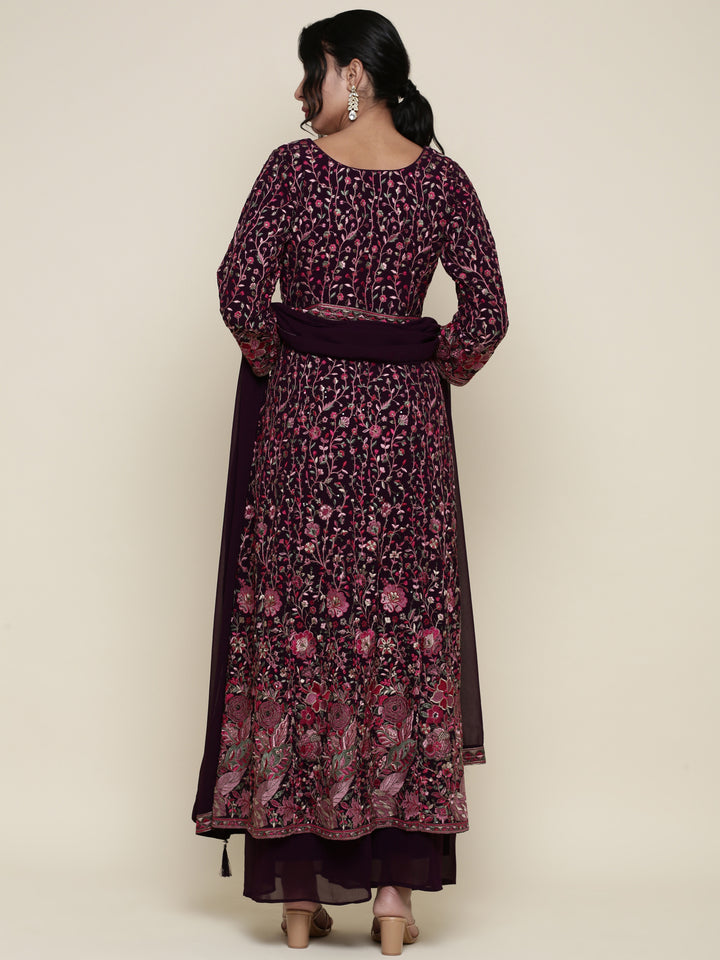 Wine georgette embroidered front silt anarkali three piece set