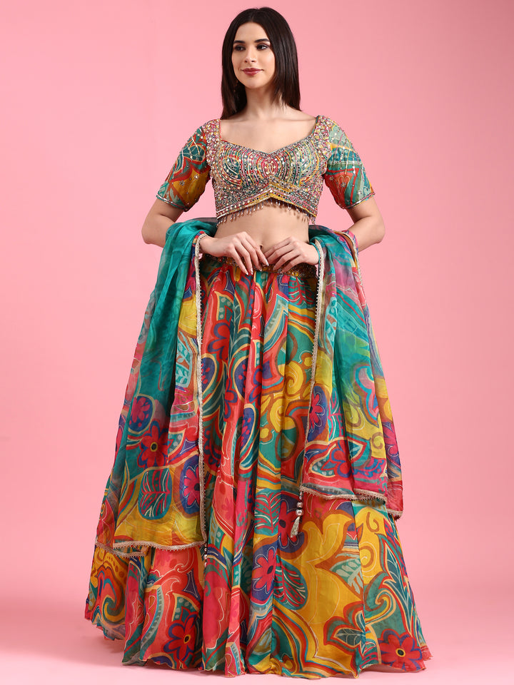 Neerus Multi organza printed lehenga choli set - detail view 2