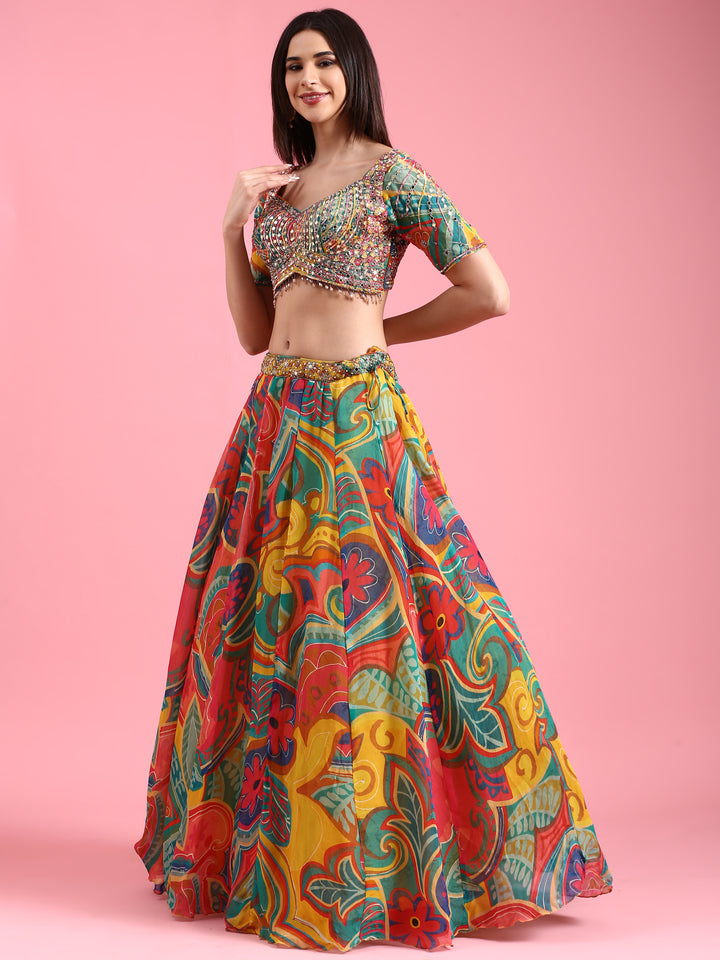 Neerus Multi organza printed lehenga choli set - detail view 4
