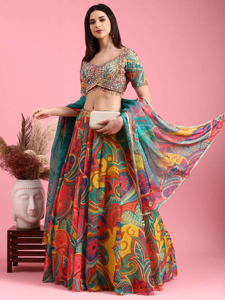 Neerus Multi organza printed lehenga choli set - front view