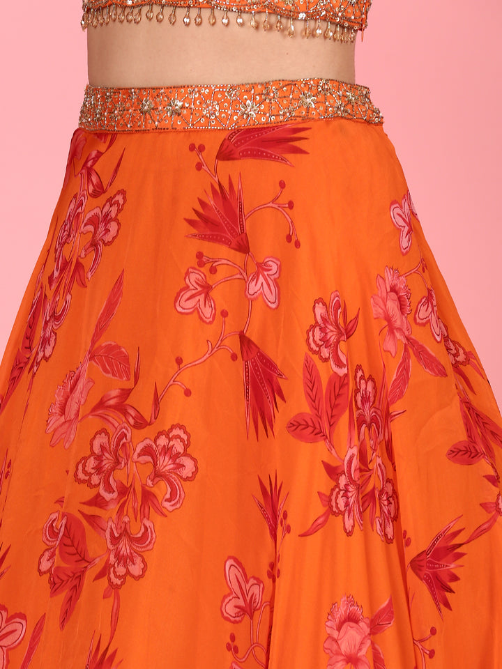Orange organza embroidered Three piece ghagra set