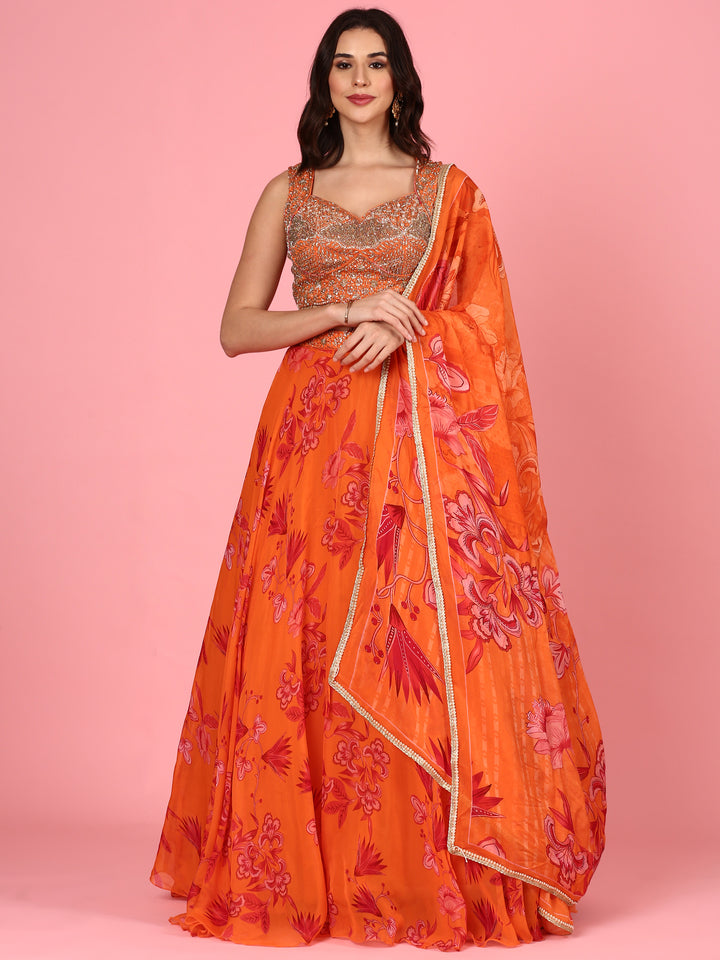 Orange organza embroidered Three piece ghagra set